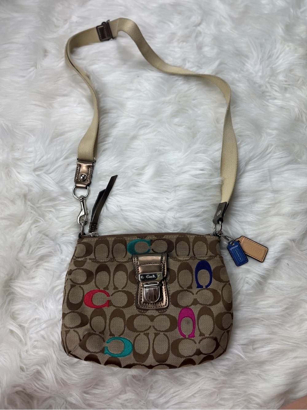 Vintage Coach Tan Signature Multicolored Monogram Crossbody Purse